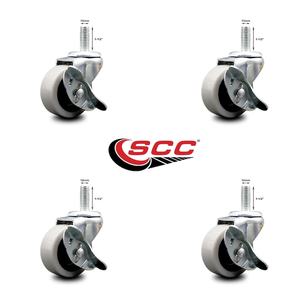 2 Inch Thermoplastic Wheel 10mm Threaded Stem Caster Set with Brakes, 4PK
